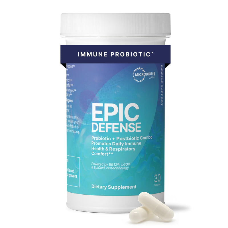 Microbiome Labs EpicDefense Probiotic + Postbiotic Combo - Immunobiotic Formula with LGG, BB-12 & Epicor - Daily Immune System Support - Respiratory Comfort - Gut Health Support (30 Capsules)