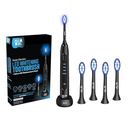 ALL IN Sonic Electric Toothbrush for Adults and Replacement Heads - Complete Toothbrush Kit - Blue + Red LED Light, 4 Modes, Soft Bristles, 2-Minute Timer, Rechargeable, Waterproof, BPA Free