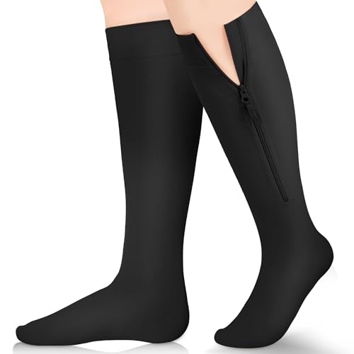 Zipper Compression Socks Men Women 15-20 mmHg Knee High Zip Up Black 4X-Large