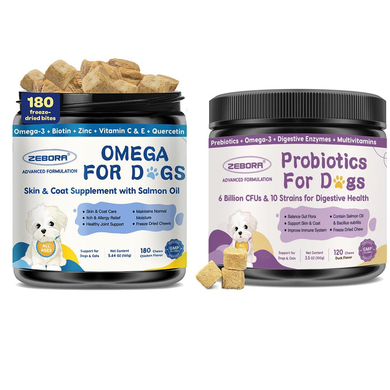 ZEBORA Probiotics for Dogs – 6 Billion CFUs & 10 Strains with Prebiotics, Omega 3 Fish Oil for Dogs Skin and Coat
