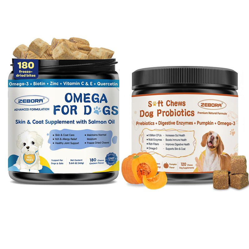 ZEBORA Probiotics for Dogs - Dog Probiotics, Salmon Oil for Dogs, Omega 3 Fish Oil for Dogs Skin and Coat