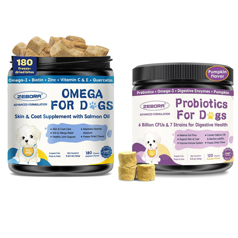 ZEBORA Probiotics for Dogs, Omega 3 Fish Oil for Dogs Skin and Coat