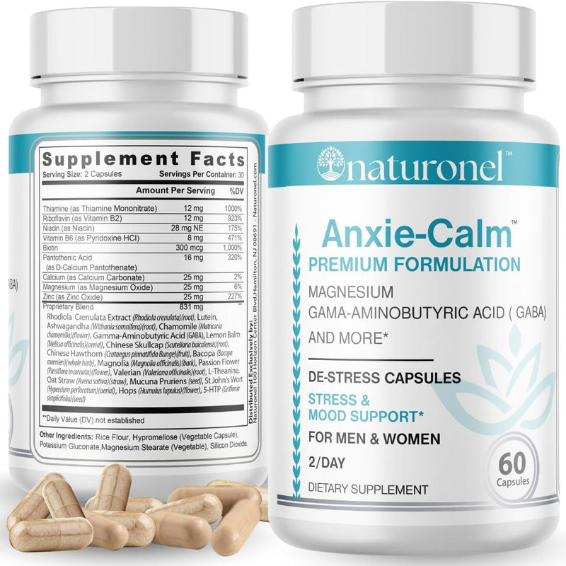 Anxie-Calm – Stress & Mood Support with Magnesium, GABA, Ashwagandha, Rhodiola, Lemon Balm & Chamomile | Advanced Dietary Supplement Formula | Non-GMO | Made in USA, GMP Certified (1) 1