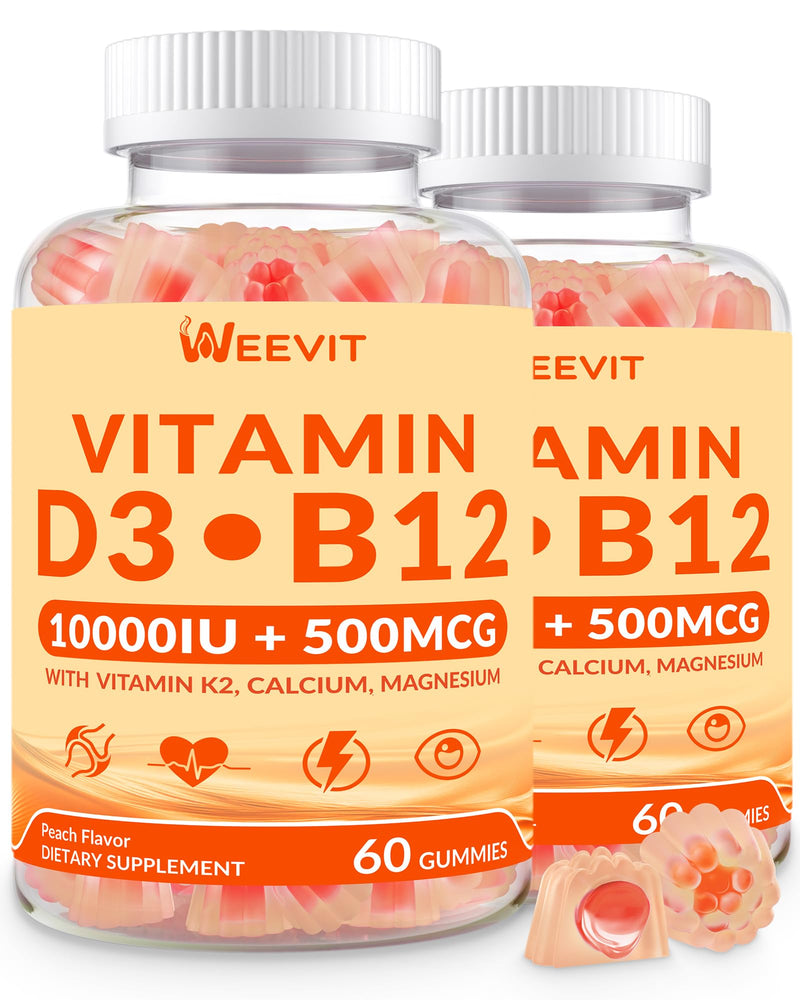 Vitamin D3 B12 Gummies, Vitamin B12 & Vitamin D 10000IU for Women Men | B12 Vitamins with Vitamin K2, Calcium, Magnesium, Sugar Free, Vegan 60 Count (Pack of 2)