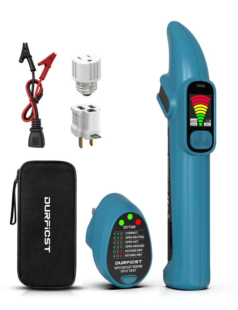 DURFICST Circuit Breaker Finder with GFCI Outlet Tester, 90-135V NCV Electrical Circuit Tracer Tool with LCD Display & Buzzer Alarm for Electricians/DIY, Includes Adapters and Carrying Case DCT320KIT Circuit Breaker Finder with 3 Accessories