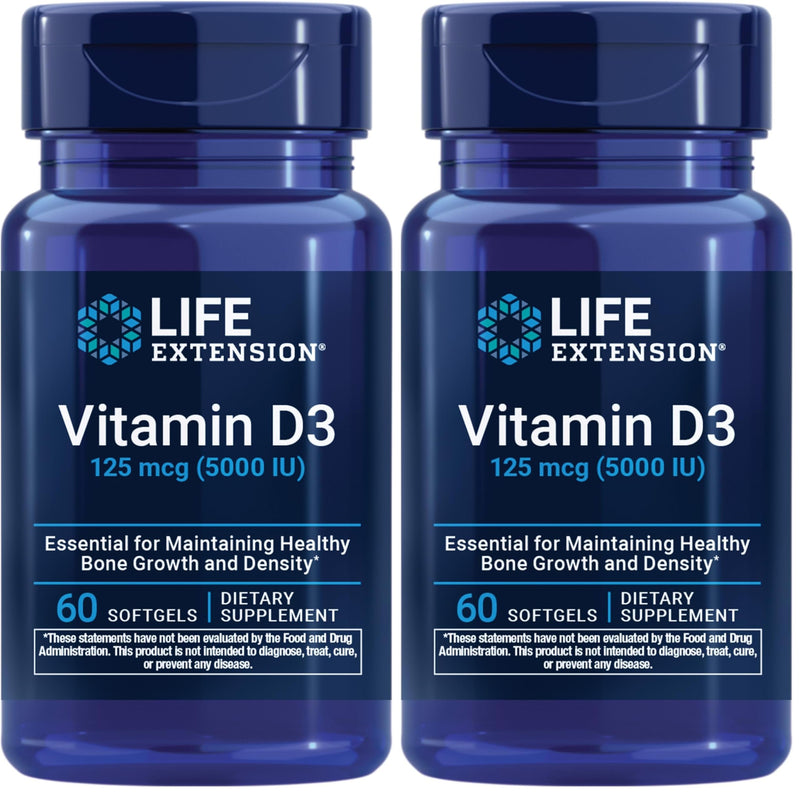 Life Extension Vitamin D3 125 mcg (5000 IU), Bone Health, Brain Performance, Immune System Support, Gluten-Free, Non-GMO, Once Daily, Two-Month Supply, 60 Softgels (Pack of 2) 60 Count (Pack of 2)