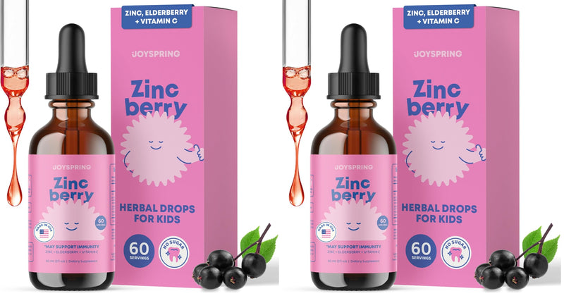 JoySpring ZincBerry - Kids Zinc & Vitamin Supplement (2 fl oz) Immune Support Drops with Elderberry Flavor for Kids 3-16+ Years (Pack of 2) 2 Fl Oz (Pack of 2)