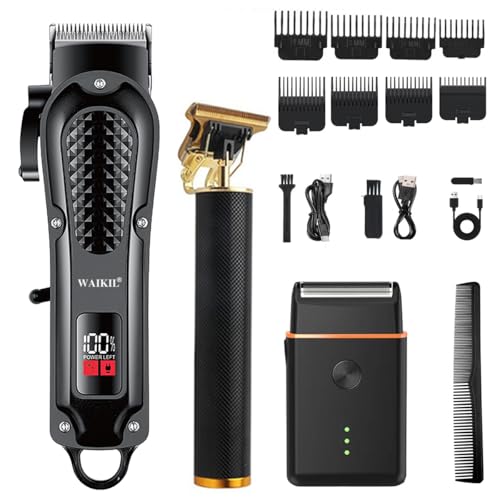 WAIKIL Barber Hair Clippers Kit for Men,Cordless Clippers with T-Blade Trimmer & Shaver,Rechargeable Hair Cutting Set with Guide Combs,Beard Grooming Tools,Black Gold