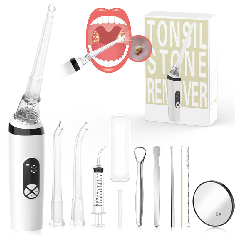 Voraiya Tonsil Stone Remover, Electronic Vacuum Tonsil Stone Removal Kit, 8 Suction Mode, Built-in LED Light, Fight Bad Breath, Oral Irrigator, Tonsil Cleaner, Tongue Scraper (White) White - BeesActive Australia