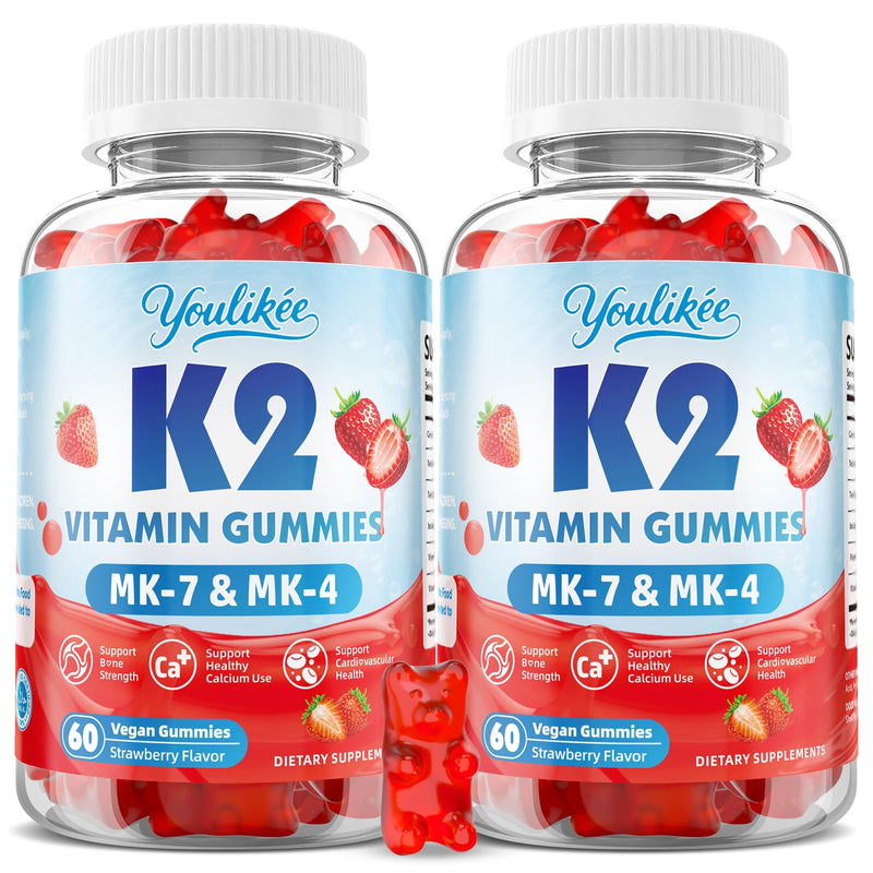 2 Pack Sugar-Free Vitamin K2 Gummies, Dual Formula Vitamin K2 Supplement with MK-7 & MK-4, Supports Bone Health, Gluten-Free, Non-GMO, Sugar-Free, Strawberry Flavor, 120 Gummies 60 Count (Pack of 2)