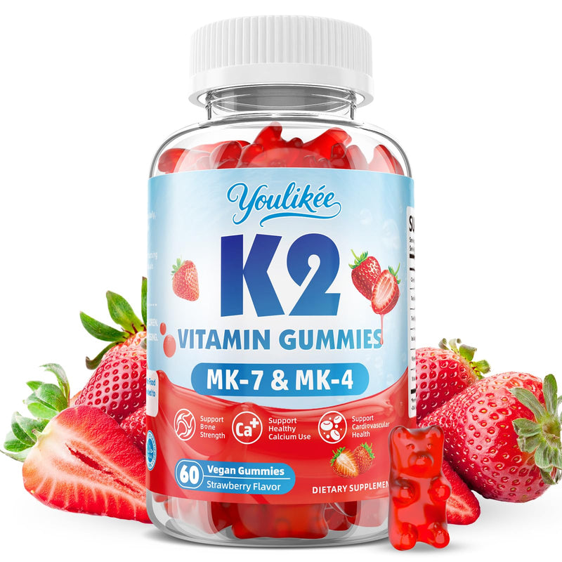 Vitamin K2 Gummies, Dual Formula Vitamin K2 Supplement with MK-7 & MK-4, Supports Bone Health, Gluten-Free, Sugar-Free, Non-GMO, Strawberry Flavor, 60 Gummies 60 Count (Pack of 1)
