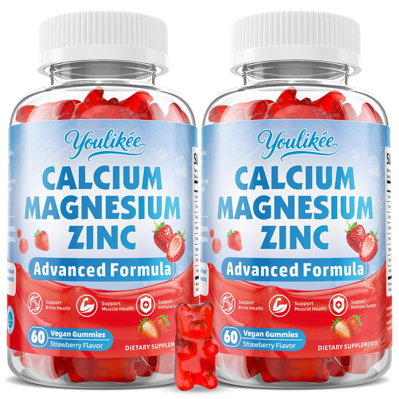 2 Pack Calcium Magnesium Zinc Gummies, Calcium Citrate with Vitamin D3 | High Absorption Calcium Magnesium Supplement for Women & Men, Sugar-Free, Strawberry Flavor, 120 Count 60 Count (Pack of 2)