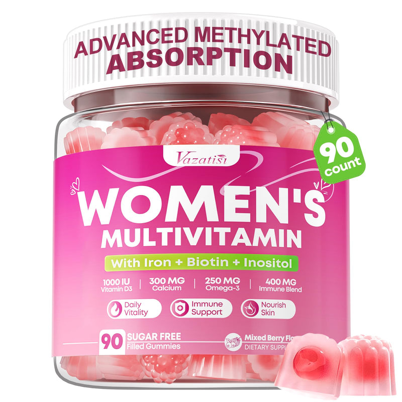 90 Count Womens Multivitamin Gummy, Methylated Multivitamin for Women with Iron, Biotin, Vitamins A, C, E, D3, K2 and B Complex for Beauty, Immune, Hair & Skin, Vegan, Sugar Free, Mixed Berry Flavor 90 Count (Pack of 1)