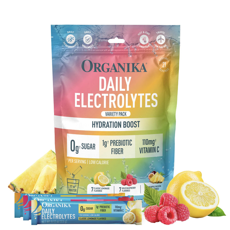 Organika Daily Electrolytes Powder Variety Pack with Vitamin C & Prebiotic Fiber – 21 Single-Serve Sachets (Lemonade, Raspberry, Pineapple Passion Fruit), Sugar-Free, Caffeine-Free 2.47 Ounce (Pack of 1)
