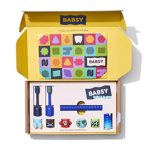 Kids Interactive Toothbrush, Babsy Build-A-Brush Starter Kit, Customizable Adventure Theme, 9 Pieces with Spiral Core, 2 Brush Heads, 6 Interchangeable Bits Including Sports, Ninja, Globe Designs