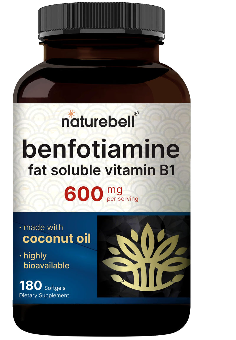 NatureBell Benfotiamine 600mg per Serving,180 Coconut Oil Softgels | Fat-Soluble Vitamin B1 for Men & Women, Converted to Active Thiamine | Non-GMO, cGMP Manufactured