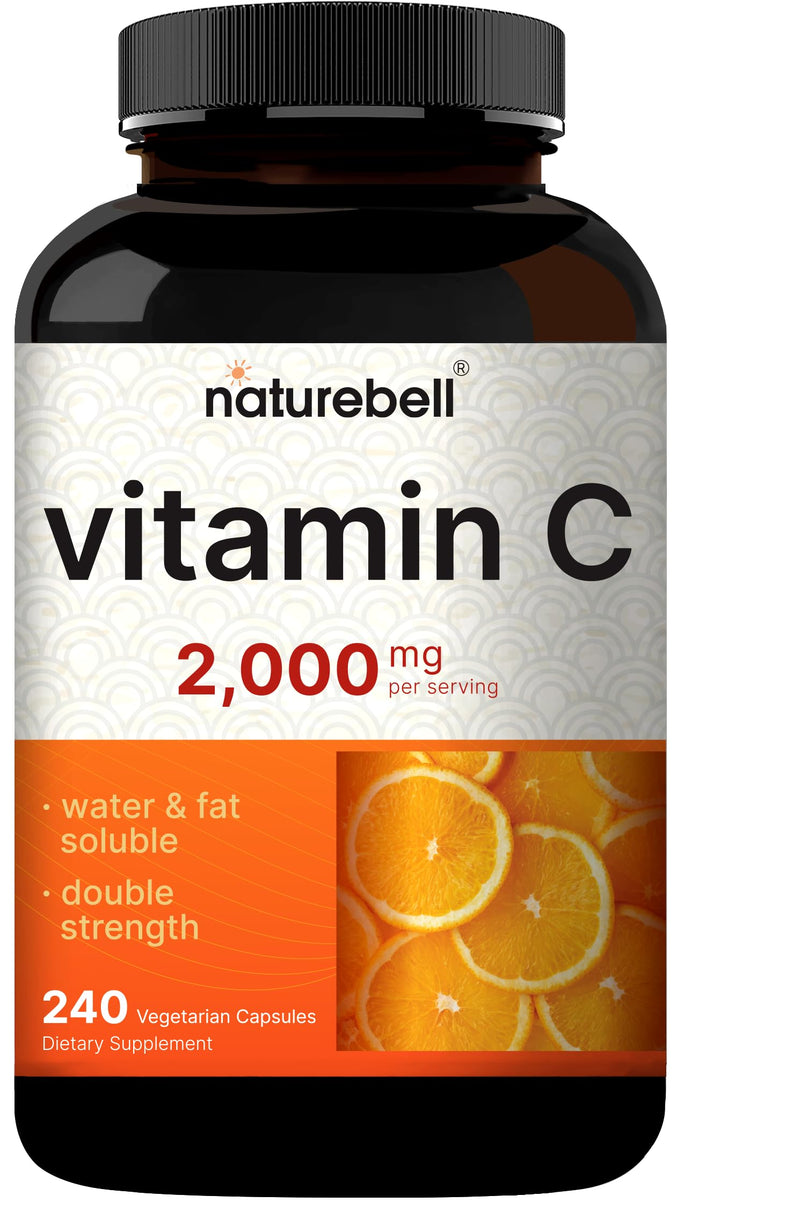 NatureBell Vitamin C 2000 mg Per Serving, 240 Vegetarian Capsules | Water & Fat Soluble Vitamin C for Daily Use (Ascorbic Acid & Ascorbyl Palmitate) | Non-GMO, Gluten Free