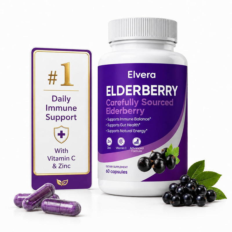 Elvera Elderberry Gut Support, 1200mg Sambucus Elderberry Extract, Advanced Gut Support Complex with Vitamin C & Zinc, Daily Wellness Formula, 60 Capsules