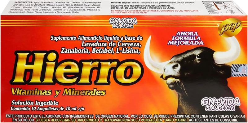 Hierro Liquid Dietary Supplement – Iron with Brewer’s Yeast, Carrot, Beetroot & L-Lysine – Vitamins & Minerals – 10 Ampoules x 10 mL