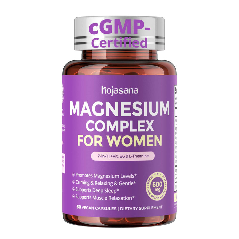 7-in-1 Magnesium Complex for Women for Sleep, 60 Vegan Capsules | With 600mg Magnesium Glycinate & L-Theanine & Vitamin B6 for Stress Relief & Cortisol Balance Support, Non-GMO, Gluten Free 60 Count (Pack of 1)