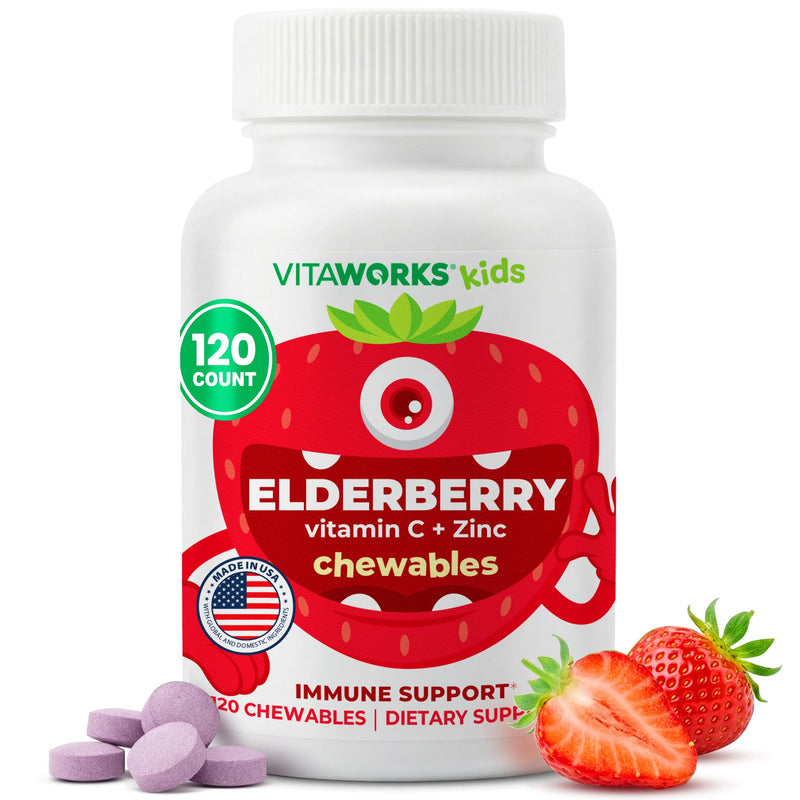 VitaWorks Kids Elderberry Vitamin C and Zinc - Great Tasting Strawberry Flavor Sambucus Elderberry Immune Support for Kids - Made in USA, Vegan, Kosher, Non-GMO - 120 Black Elderberry Chewables