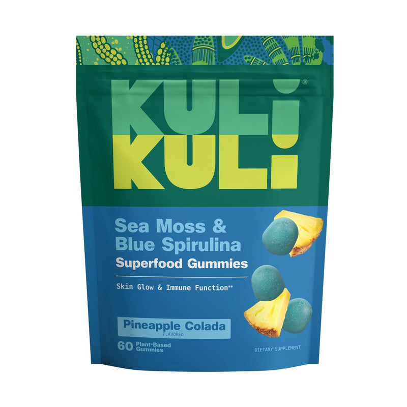 Kuli Kuli Organic Sea Moss & Blue Spirulina Gummies, 60 CT | Plant-Based Irish Sea Moss Superfood with Baobab and Vitamin C for Skin Glow, Immune Support, and Collagen Pineapple Colada 60 Count (Pack of 1)