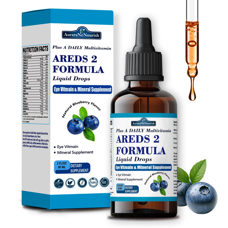 AREDS 2 + Formula Liquid Drops for Macular Health, 22-in-1 Eye Vitamin & Mineral Supplement w. Lutein and Zeaxanthin, Copper, Zinc, Vitamin C, E | Support Vision, Immune & Vitality | Vegan, Non-GMO Blueberry 2 Fl Oz (Pack of 1)