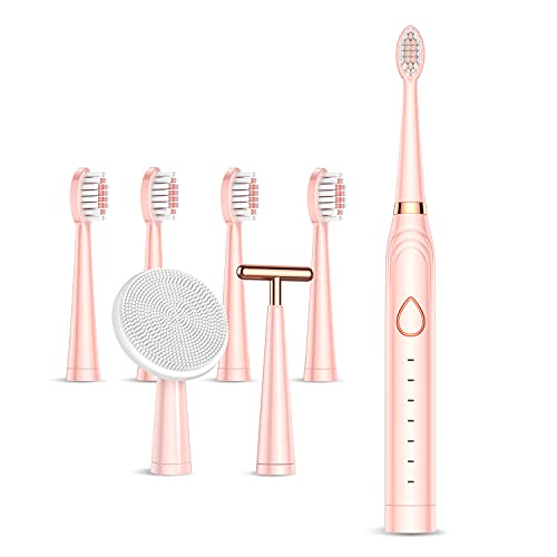 Sonic Electric Toothbrush, USB Rechargeable Powerful Sonic Cleaning Tooth Brush with 6 Modes, 5 Brush Heads + 1 Facial Cleansing Brush Head + 1 Face Massage Head Whitening Toothbrushes