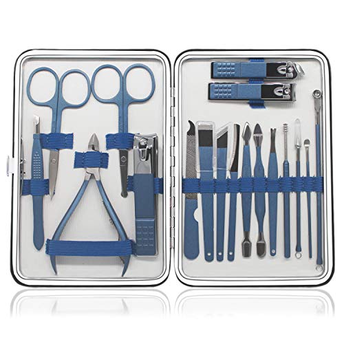 18 Pieces of Stainless Steel Nail Trimming and Beauty Kits - Nail Clippers, Nail Files, Tweezers, Nose Scissors, Eyebrow shavers, Ear Spoons, Blue Leather suitcases.
