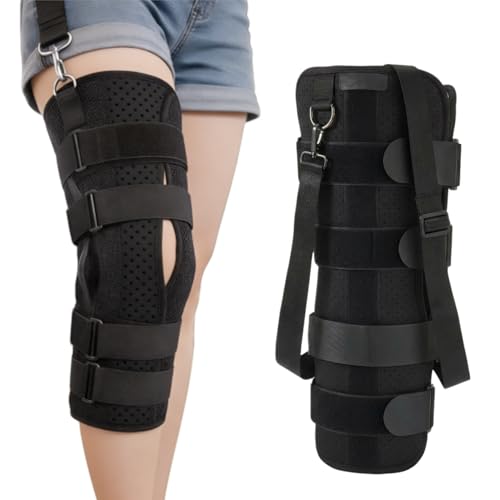 Knee Immobilizer Brace with Adjustable Shoulder Strap, Leg Immobilizer Support with 4 Removable Aluminum Strips, Breathable Mesh Knee Splint for Post-Surgery Recovery, Ligament Injury & Fracture Support, M Sizes-black