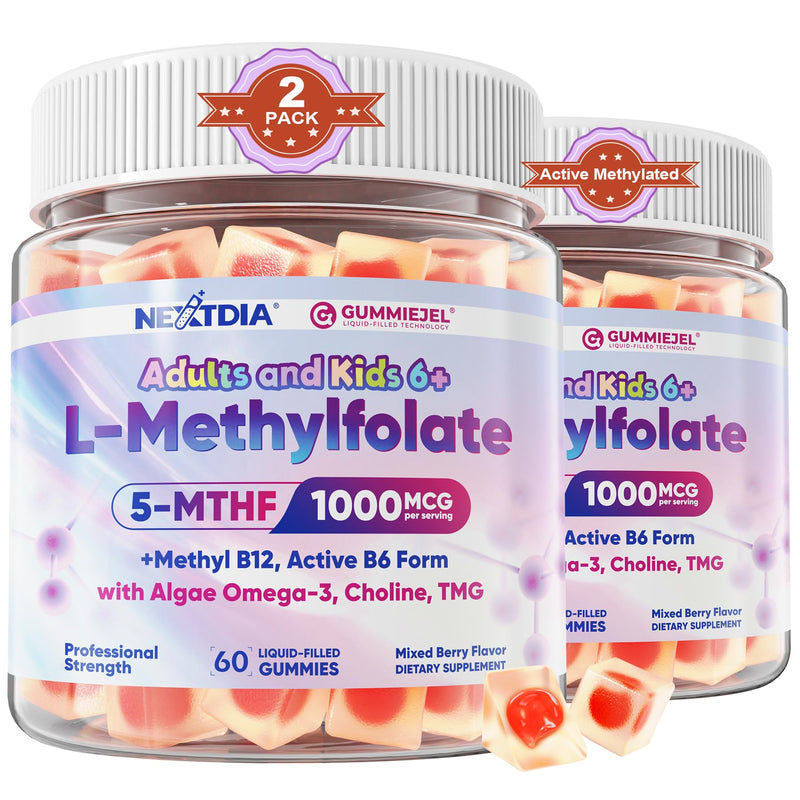 L-Methylfolate 1000mcg Methyl B12 Gummies, Omega-3 for Kids & Adults, 120Ct | Methylated Active 5-MTHF + Methyl B12, Choline TMG B6, DHA:EPA=3:1, Supports MTHFR Gene, Brain Energy Methylation, Sugar Free 60 Count (Pack of 2)