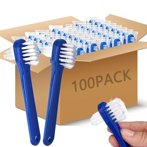 100 Pcs Denture Brush Bulk Small Hard Bristle Dual Head Individually Wrapped Brushes Blue Portable Toothbrushes for Denture Care Cleaning Dental Hospital Braces Unisex