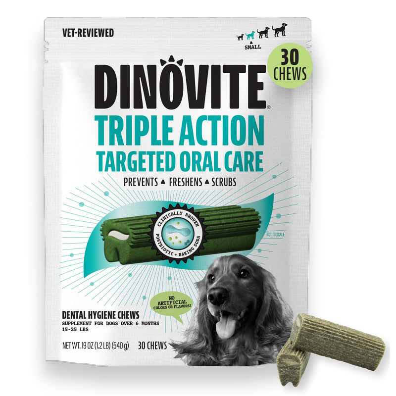 Dinovite Dental Chews for Dogs, Triple Action Dental Dog Treats for Small Breeds, Clinically Proven to Prevent Plaque & Tartar While Freshening Breath, Fresh Mint Flavor, Made in USA, 30 Count Small Dogs (15-25 lbs)