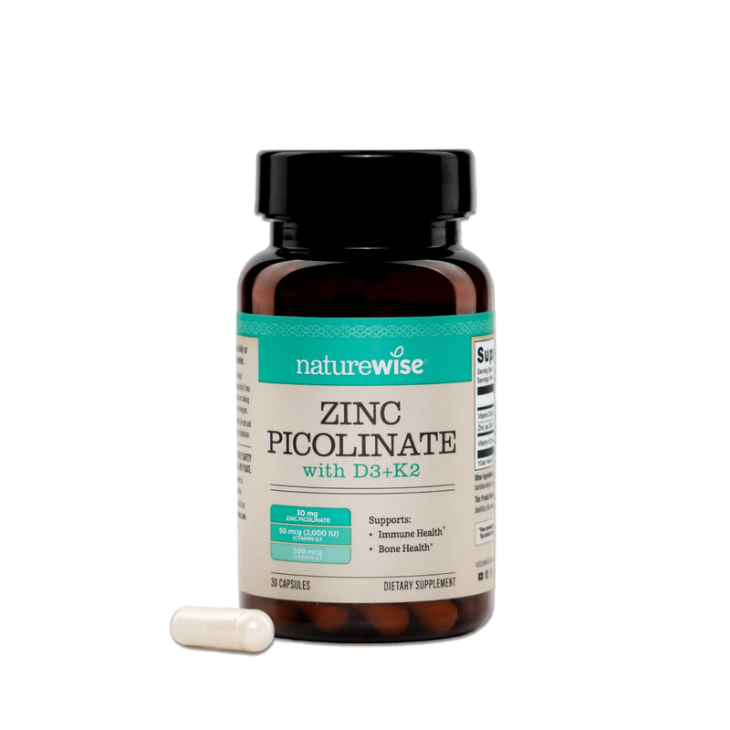 NatureWise Zinc Picolinate with D3 + K2 - Zinc Supplements for Men & Women + Vitamin D3 K2 - Supports Immune & Bone Health* - Non-GMO, Gluten Free, USA Manufactured - 30 Capsules[30 Day Supply] Unflavored 30 Count (Pack of 1)