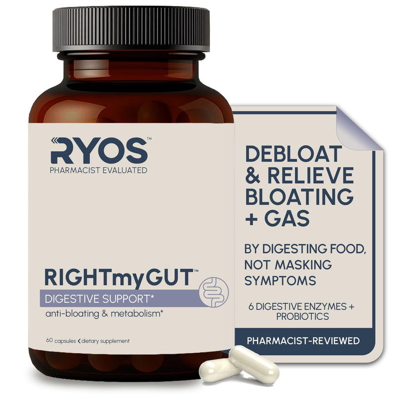 RYOS Debloat Pills for Women & Men – Bloating & Gas Relief Supplement – 6 Digestive Enzymes + 3 Probiotics RIGHTmyGUT Daily Debloating Support – Pharmacist-Reviewed – 60 Vegan Capsules