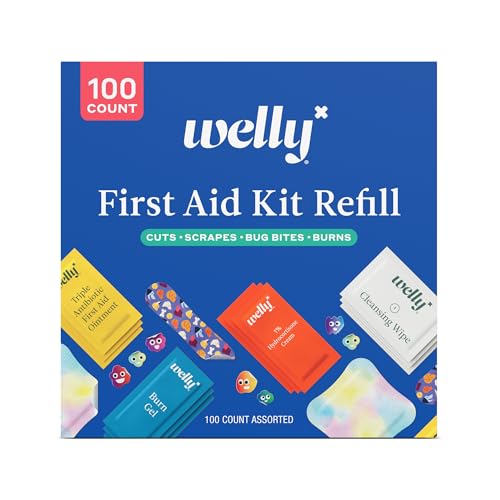 Welly First Aid Kit Refill Carton | Includes Individual Bandages, Cleansing Wipes, Antibiotic Packets, Burn Gel, Hydrocortisone Cream, and Bug Bite Relief Patches | 100 ct 100 Ct First Aid Refills