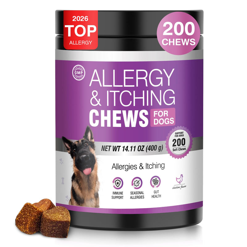 Dog Allergy Chews 200ct - Dog Allergy and Itching Skin Relief Anti Itch Aller Immune Bites for Dogs licking Paws Treatment Relief Itchy Chew Probiotics Vitamins for Skin and Coat Allergies - Chicken 2 g/capsule 200pcs