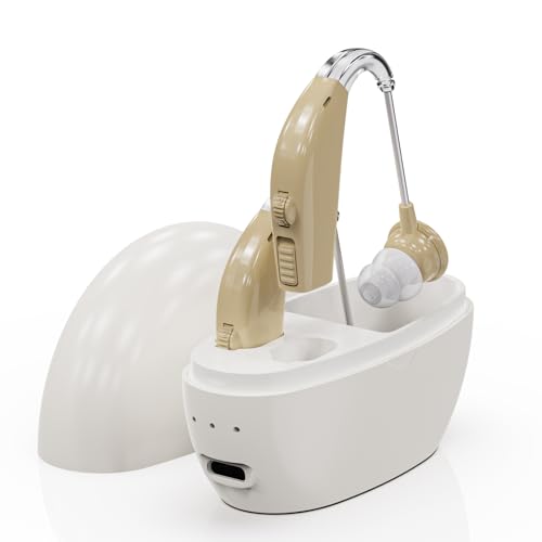 OTC Hearing Aids Rechargeable BY4U Hearing Amplifiers with 16-Channel Digital Noise Cancellation Volume Control Rechargeable Wireless Comfortable Wear,Design for Seniors &Adults Behind the ear 3cm