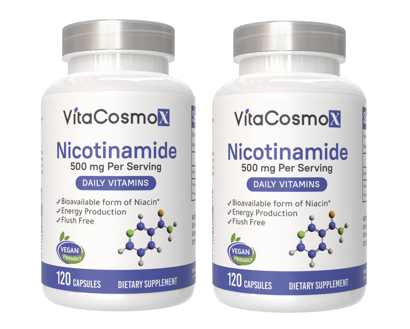 Nicotinamide 500mg Vitamin B3, 120 Capsules - Non-GMO, Gluten Free, Flush Free- 2 Packs