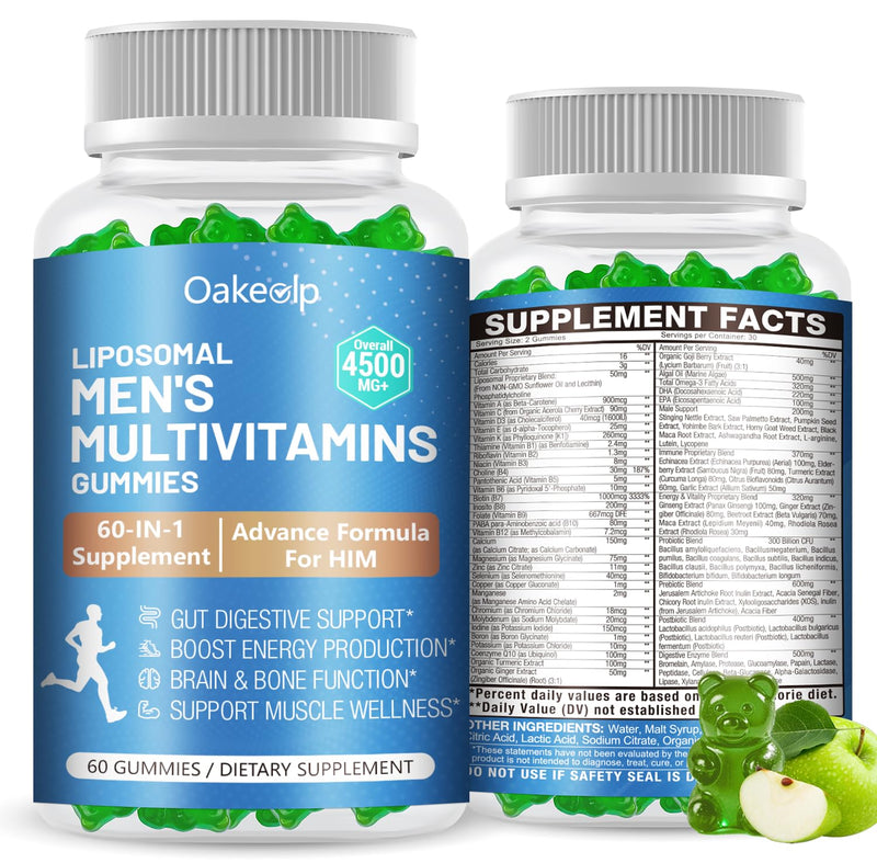 60-IN-1 Liposomal 120+ Nutrients Men's Multivitamin Gummy 4500MG+ Overall,300Billion Probiotics, Algal DHA, CoQ10, Turmeric & Herbal Blends,for Immune, Energy, Prostate, Heart, and Digestive Wellness 60 Count (Pack of 1)