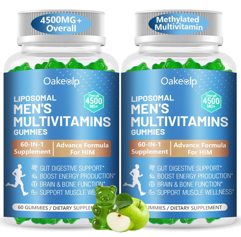2 Pack 60-IN-1 Liposomal Methylated Multivitamin Gummy for Men Overall 4500MG+,Vitamin A C D3 K E B Complex ,Probiotics,Omega 3,CoQ10,Zinc,120+ Nutrients,for Immune,Heart and Digestive Wellness 60 Count (Pack of 2)