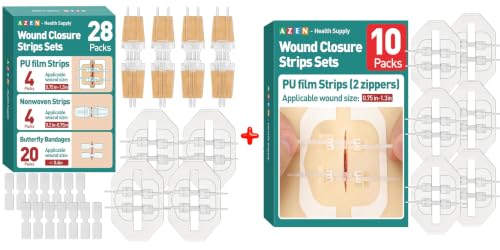 AZEN 38 Pack Wound Closure Strips, 3 Types Butterfly Bandages, Emergency Laceration Closure Kit, Repair Wounds Without Stitches, Quick Clot Zip Stitch Wound Closures Device