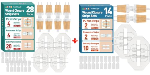 AZEN 42 Pack Wound Closure Strips, 3 Types Butterfly Bandages, Emergency Laceration Closure Kit, Repair Wounds Without Stitches, Quick Clot Zip Stitch Wound Closures Device