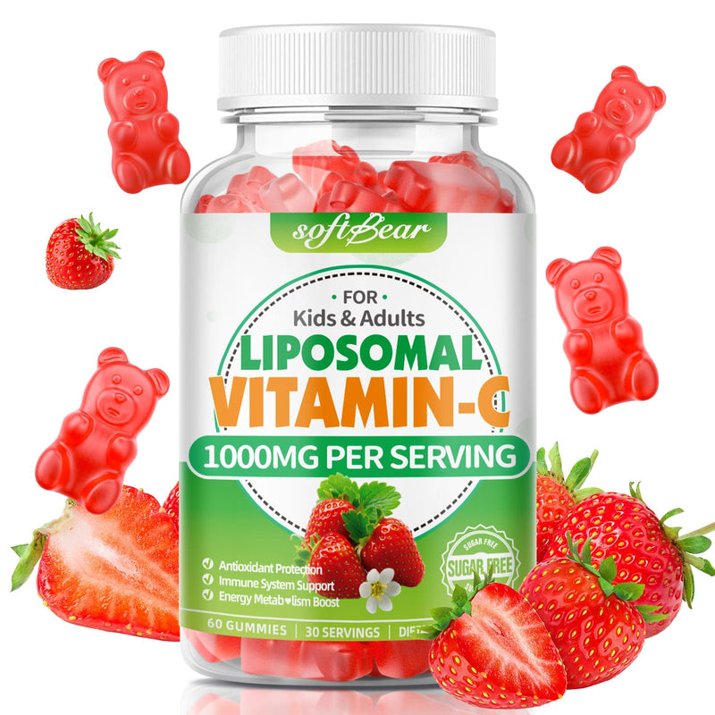 softbear Liposomal Vitamin C Gummies for Adults & Kids 1000mg, Chewable Vitamin C Supplement for Immune Support, Vegan/Organic/Sugar Free VIT C Gummies, Strawberry Flavor 60 Count 60 Count (Pack of 1)