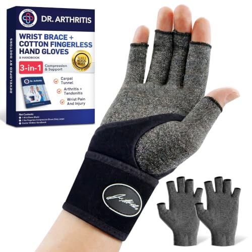 Dr. Arthritis Compression Arthritis Glove Set of 3 with Wrist Brace, Comfortable Fingerless Carpal Tunnel Hand Gloves for Women Night Support, Pain Relief for Rheumatoid Arthritis, Work, Typing - Medium Grey Wrist Brace & Glove Set
