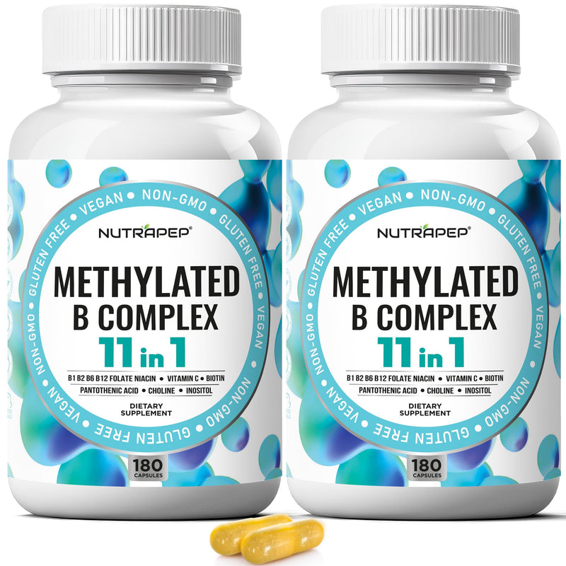 NutraPep Methylated B-Complex Vitamins Complete Methyl Multivitamin 2-Pack | Bioactive B9 5-MTHF B6 B12 MTHFR Support Supplement for Brain Heart Energy - Vegan Gluten Free Sugar Free 180 Count (Pack of 2)