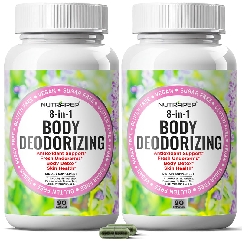 NutraPep Body Deodorizing Supplement - Odor Eliminator & Internal Deodorant Pills for Fresh Breath Skin Health & Detox - Full Body Deodorizer Capsules with Chlorophyll Complex Vitamins 90 Count (Pack of 2)