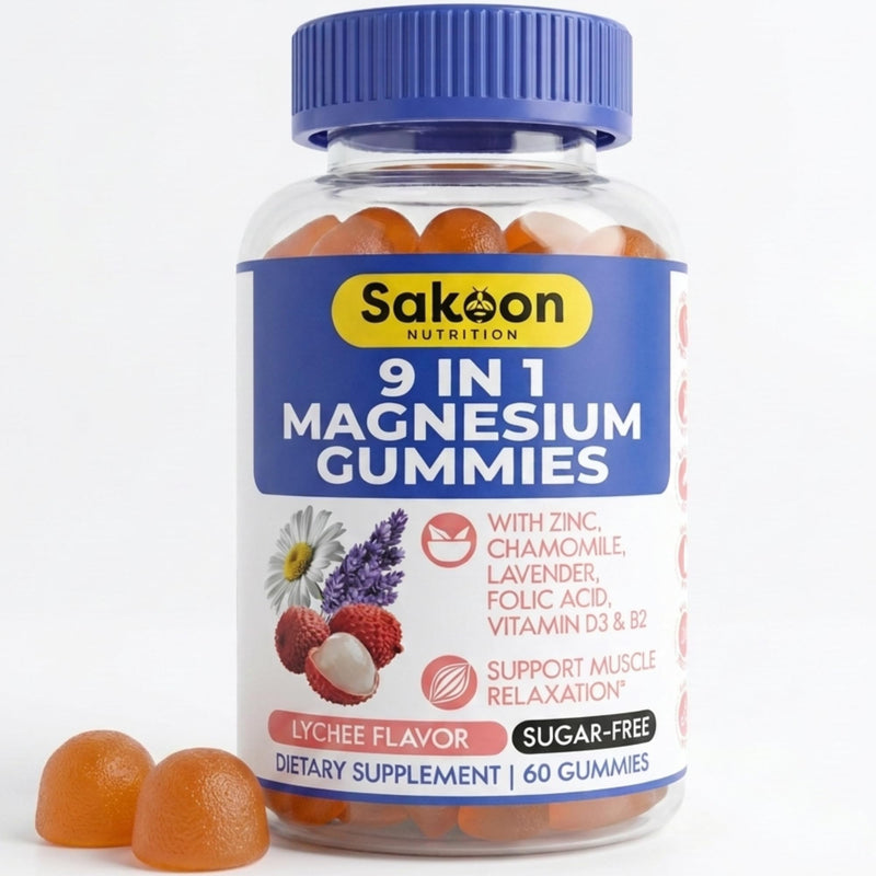 Sakoon Nutritions 9-in-1 Magnesium Glycinate Gummies 200mg | Sugar Free Magnesium Gummies for Women & Men with Zinc & Vitamin D3 | Lychee Flavor | Muscle & Stress Relief | Halal, Vegan | 60pcs