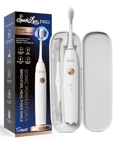 Sparklux Pro Ultrasonic Toothbrush - Rechargeable Wireless Electric Toothbrush for Adults with Replacement Heads, Travel Case, Cordless Design, White with Rose-Gold Trim