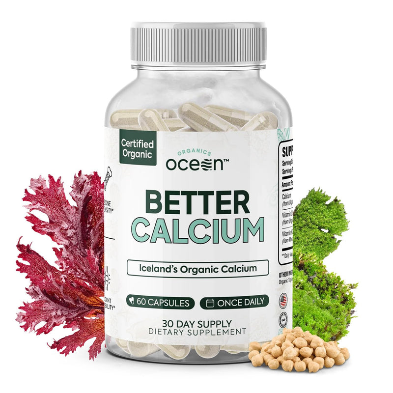 Organics Ocean Better Calcium - Organic Red Algae Calcium with Vitamin D3 and K2 Supplements - Supports Bone Structure, Joint Comfort & Encourages Healthy Aging - Plant-Based, Non-GMO - 1 Pack 60 Count (Pack of 1)